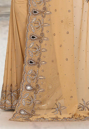 Hand Embroidered Viscose Georgette Saree in Beige
