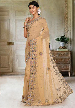Hand Embroidered Viscose Georgette Saree in Beige