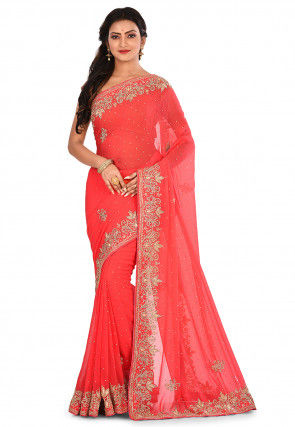 hand embroidered viscose georgette saree in coral red v1 seh2372 4