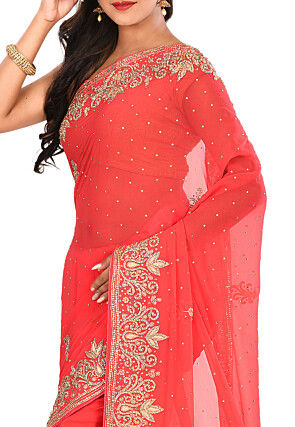 Hand Embroidered Viscose Georgette Saree in Coral Red