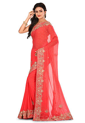 Hand Embroidered Viscose Georgette Saree in Coral Red
