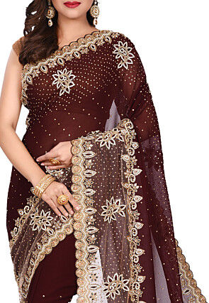 Hand Embroidered Viscose Georgette Saree in Dark Brown