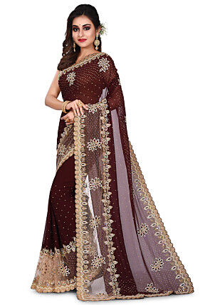 Hand Embroidered Viscose Georgette Saree in Dark Brown