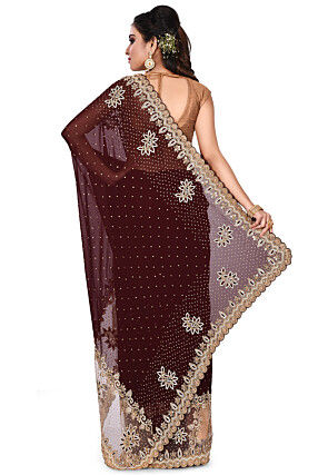 Hand Embroidered Viscose Georgette Saree in Dark Brown
