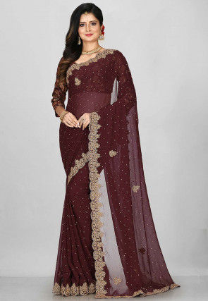 Hand Embroidered Viscose Georgette Saree in Dark Brown