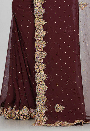 Hand Embroidered Viscose Georgette Saree in Dark Brown