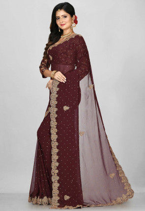 Hand Embroidered Viscose Georgette Saree in Dark Brown