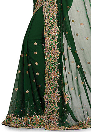 Hand Embroidered Viscose Georgette Saree in Dark Green