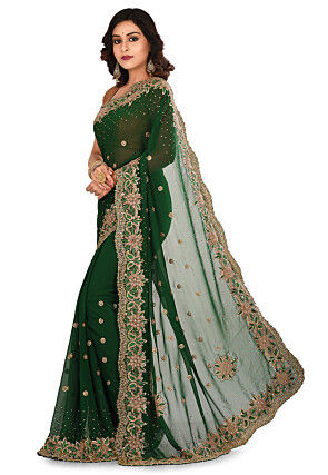 Hand Embroidered Viscose Georgette Saree in Dark Green