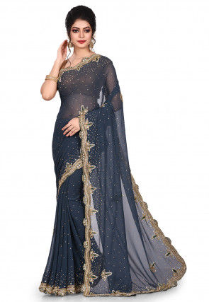 Hand Embroidered Viscose Georgette Saree in Dark Grey
