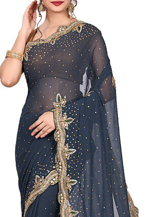Hand Embroidered Viscose Georgette Saree in Dark Grey