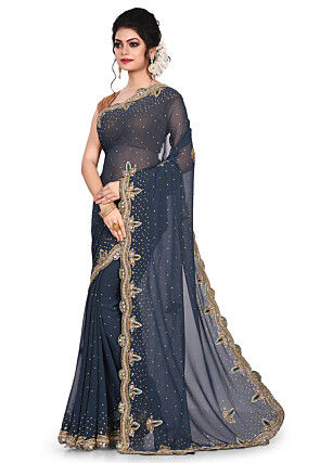 Hand Embroidered Viscose Georgette Saree in Dark Grey