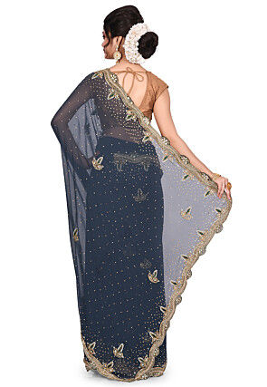 Hand Embroidered Viscose Georgette Saree in Dark Grey