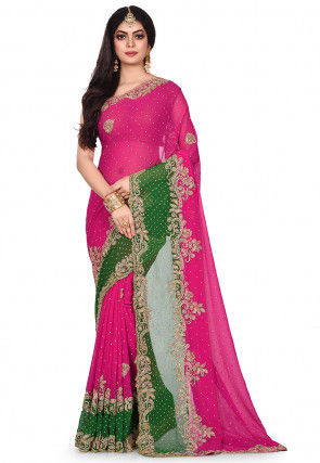 Hand Embroidered Viscose Georgette Saree in Fuchsia