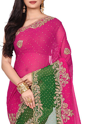 Hand Embroidered Viscose Georgette Saree in Fuchsia