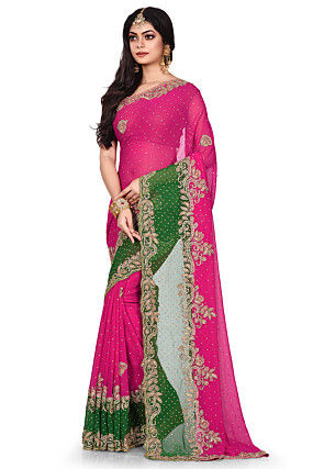 Hand Embroidered Viscose Georgette Saree in Fuchsia