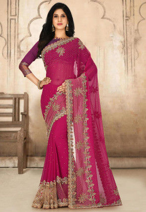 Hand Embroidered Viscose Georgette Saree in Fuchsia