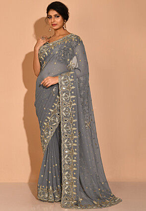 Hand Embroidered Viscose Georgette Saree in Grey