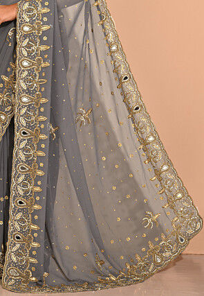 Hand Embroidered Viscose Georgette Saree in Grey