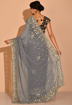 Hand Embroidered Viscose Georgette Saree in Grey