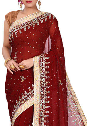 Hand Embroidered Viscose Georgette Saree in Maroon