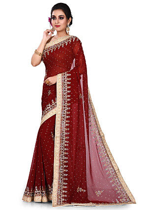 Hand Embroidered Viscose Georgette Saree in Maroon