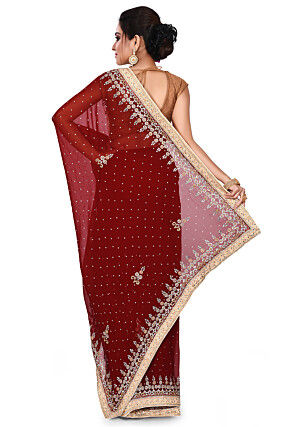 Hand Embroidered Viscose Georgette Saree in Maroon