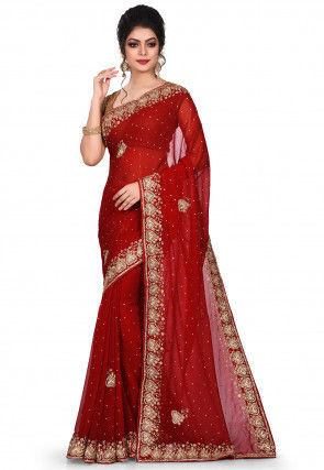 Hand Embroidered Viscose Georgette Saree in Red