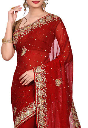 Hand Embroidered Viscose Georgette Saree in Red
