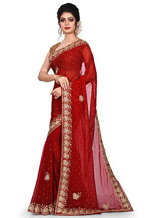 Hand Embroidered Viscose Georgette Saree in Red