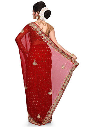 Hand Embroidered Viscose Georgette Saree in Red