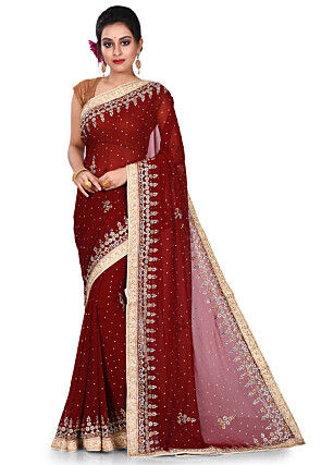 Hand Embroidered Viscose Georgette Saree in Maroon