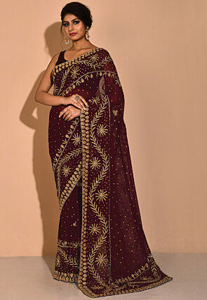 Hand Embroidered Viscose Georgette Saree in Maroon