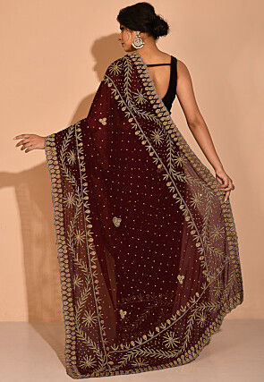 Hand Embroidered Viscose Georgette Saree in Maroon