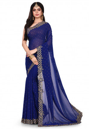 Hand Embroidered Viscose Georgette Saree in Navy Blue