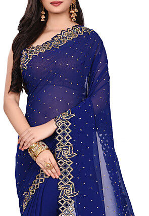 Hand Embroidered Viscose Georgette Saree in Navy Blue