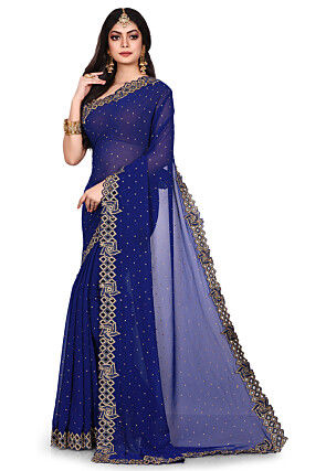 Hand Embroidered Viscose Georgette Saree in Navy Blue