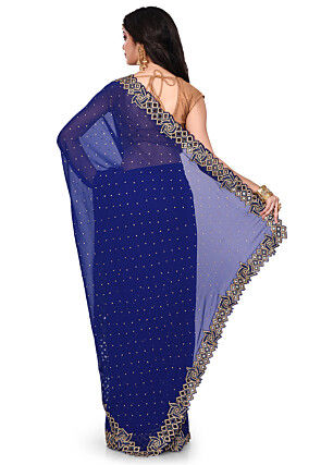Hand Embroidered Viscose Georgette Saree in Navy Blue
