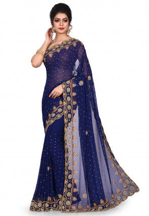 Hand Embroidered Viscose Georgette Saree in Navy Blue