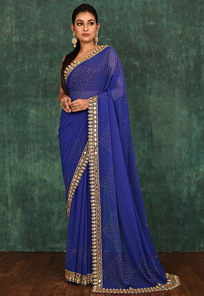 Hand Embroidered Viscose Georgette Saree in Royal Blue