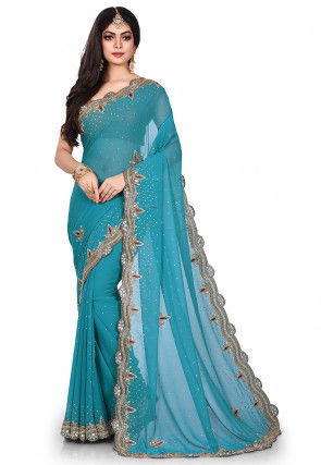 Hand Embroidered Viscose Georgette Saree in Teal Blue