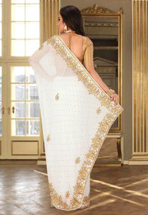 Hand Embroidered Viscose Georgette Saree in White