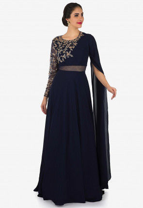 Hand Embroidered Viscose Georgette Sheer Back Gown in Navy Blue