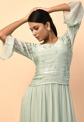 Hand Embroidered Viscose Georgette Tiered Gown in Dusty Green