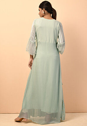 Hand Embroidered Viscose Georgette Tiered Gown in Dusty Green