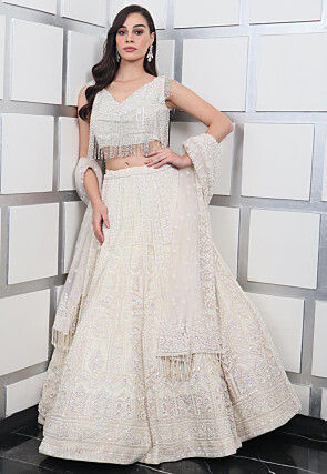 Hand Embroidered Viscose Organza Lehenga in Off White