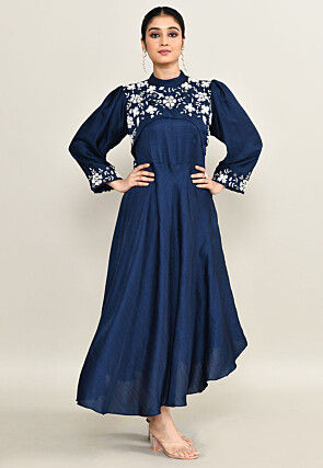 Hand Embroidered Viscose Silk Asymmetric Dress in Navy Blue