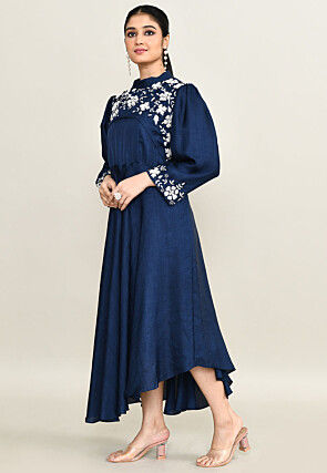 Hand Embroidered Viscose Silk Asymmetric Dress in Navy Blue