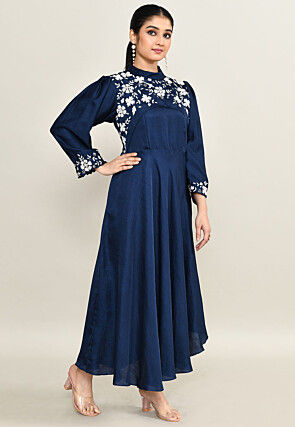Hand Embroidered Viscose Silk Asymmetric Dress in Navy Blue