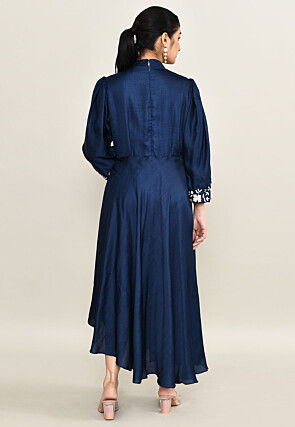 Hand Embroidered Viscose Silk Asymmetric Dress in Navy Blue
